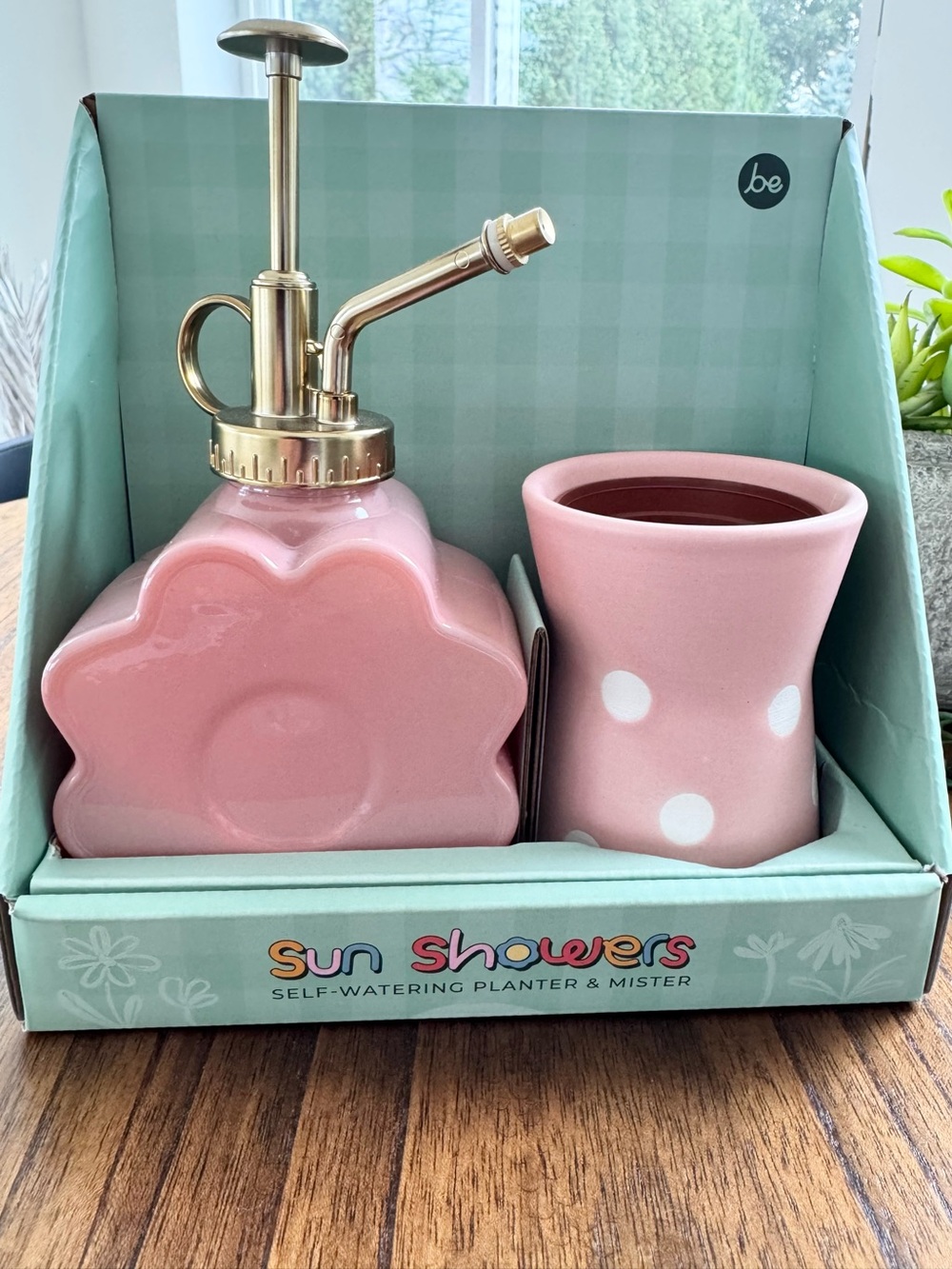 Sun Showers Pink Flower Plant Mister & Polka Dot Self-Watering Planter Set, New
